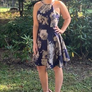 XSCAPE Navy and Gold Floral, Fit and Flare, Halter Dress